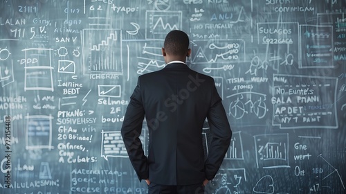 Focused businessman strategizing in a minimalist business plan concept