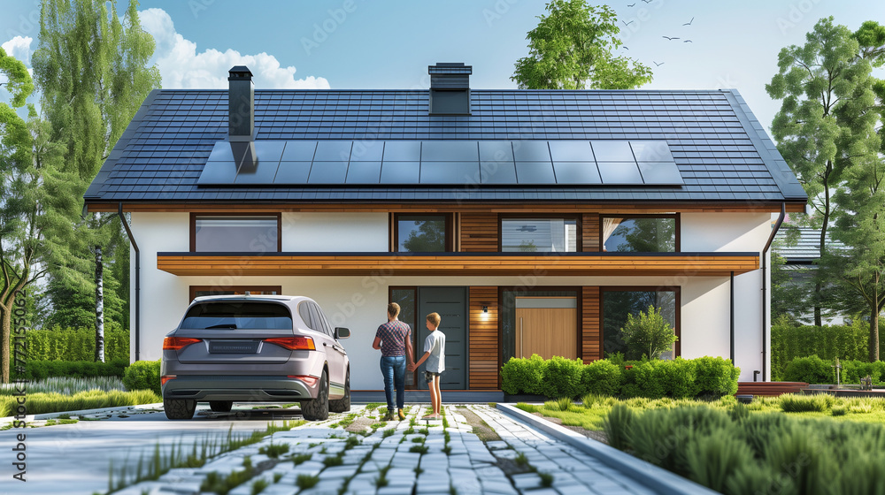 Family with electric car in front house with solar panels on roof. Solar, green energy and sustainable lifestyle of young family.By Halfpoint: Family with electric car in front house with solar panels on roof. Solar, green energy and sustainable lifestyle of young family.By Halfpoint: