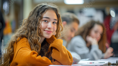 High school students sitting at desks, a smiling girl in an orange sweater with long curly hair and brown eyes looking into the camera, a blurred background of a classroom filled with other high scho photo