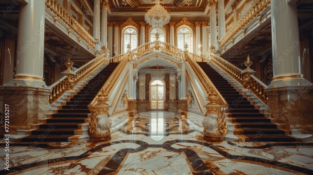A fancy staircase with gold and marble floors in a building, AI