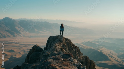 Solitary woman contemplating vast landscape, serene exploration, mountain top view