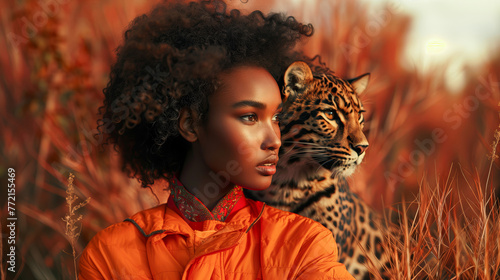 Beautiful african american woman with curly hair in orange outfit and leopard, autumn background. red grass meadow. Conceptual fashion photography photo