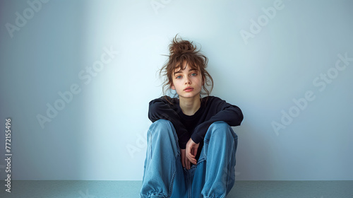 A beautiful girl with messy hair in jeans sits on the floor against a light blue wall, looking at the camera, calm expression, copy space photo