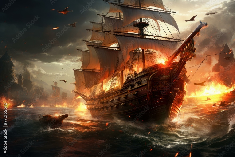 Intense Pirate ships battle. Sail war fog. Generate Ai