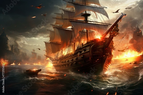 Intense Pirate ships battle. Sail war fog. Generate Ai