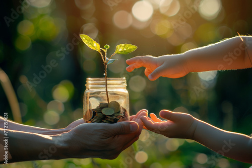 Sustainable Growth Concept: Seedling and Coins in a Jar Held by Hands photo