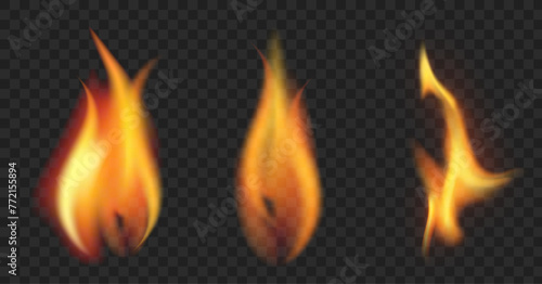 Set of realistic flames. Realistic tongues of fire on a transparent background. Vector illustration.