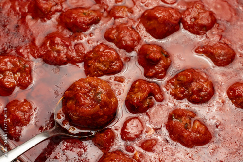 Meatballs in tomato sauce. Top view, close-up.