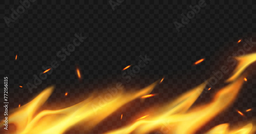 Realistic fire flame. Big stinky tongues with sparks and flames on a transparent background. Vector illustration
