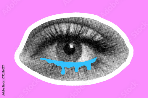 Halftone collage of a cut out eye from a magazine with drawn tears. Vector elements for collage and designs. The eye is filled with tears.
