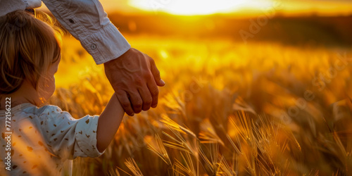 Parent and Child Holding Hands at Sunset in Golden Wheat Field