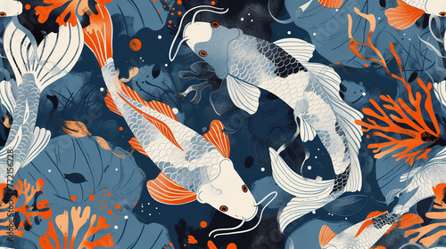 intricate pattern with fishes, Chinese wallpaper for interior design 