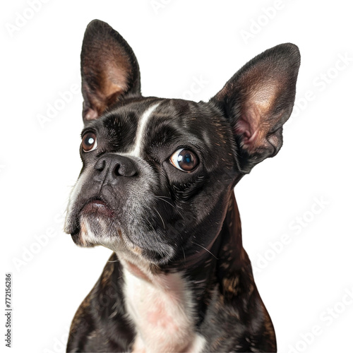 Closeup photo of a Boston terrier gazing up at the camera on a transparent background © Sona