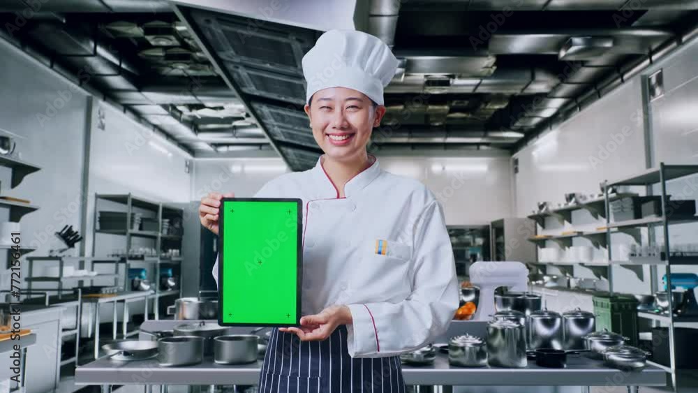 Asian Woman Chef Smiling And Showing Green Screen Tablet To The Camera In Professional Kitchen Asian Woman Chef Smiling And Showing Green Screen Tablet To The Camera In Professional Kitchen