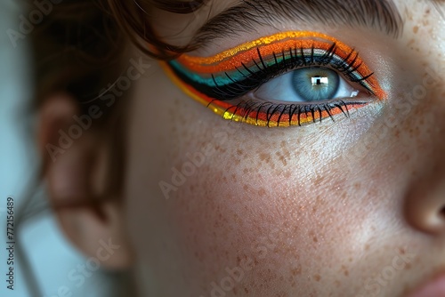 Depict a makeup artist creating a bold and colorful editorial look with dramatic eyeshadow and avant-garde eyelashes