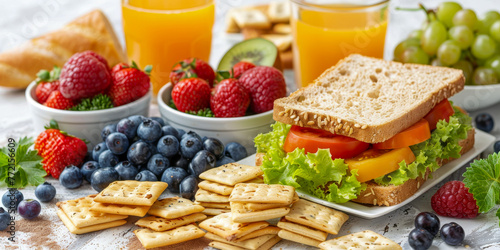 Healthy Breakfast Spread with Fresh Fruits and Wholegrain Sandwich