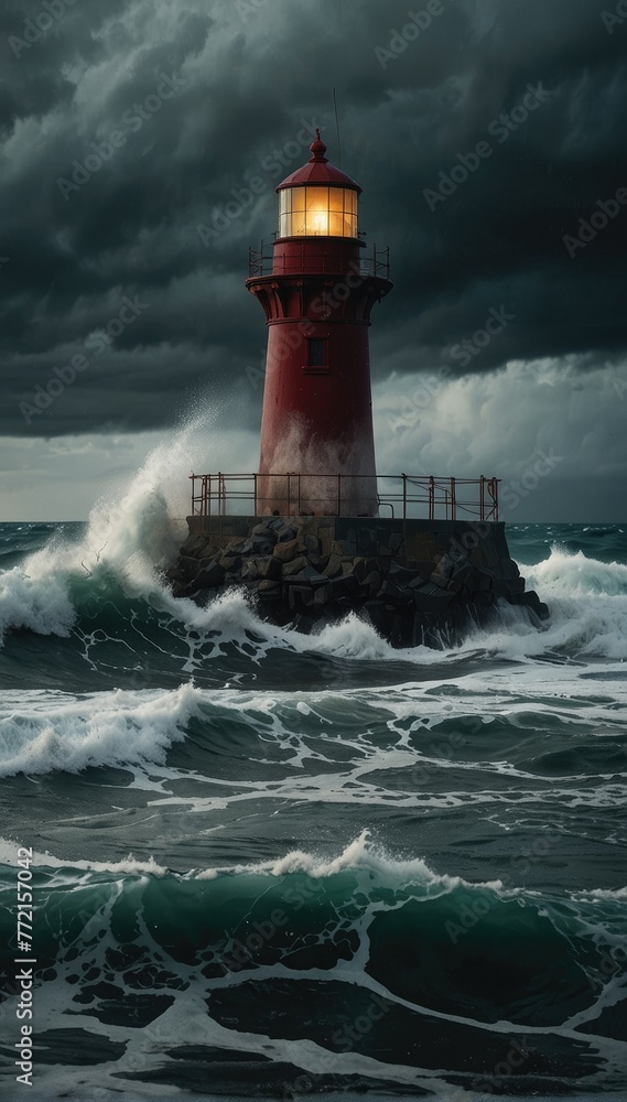 Fury of the Sea Stormy Waves Towering over the Lighthouse in Overcast Weather