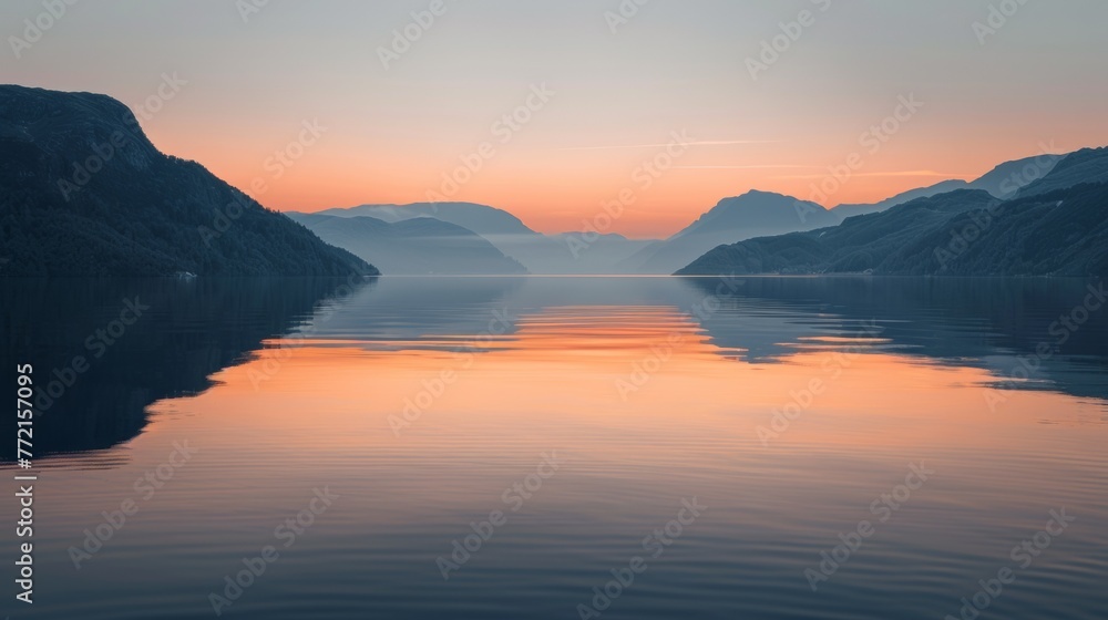 A view of a sunset over the water with mountains in the background, AI