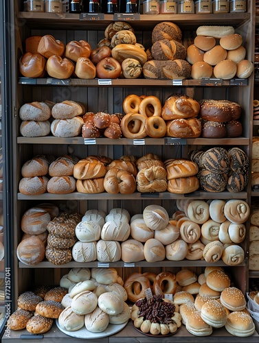 A variety of breads, such as baguettes and bagels, on a bakery shelf in a bakery