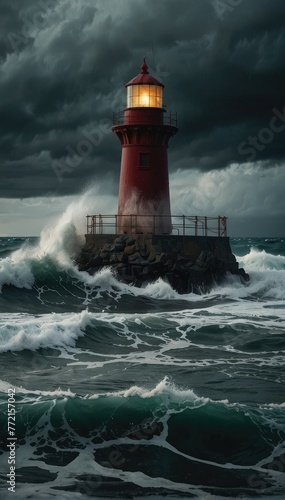 Fury of the Sea Stormy Waves Towering over the Lighthouse in Overcast Weather