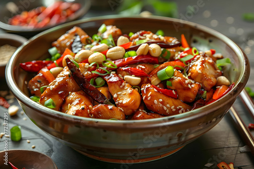 Appetizing Kung Pao Chicken Dish Served in Traditional Bowl Embellished with Vital Asian Ingredients