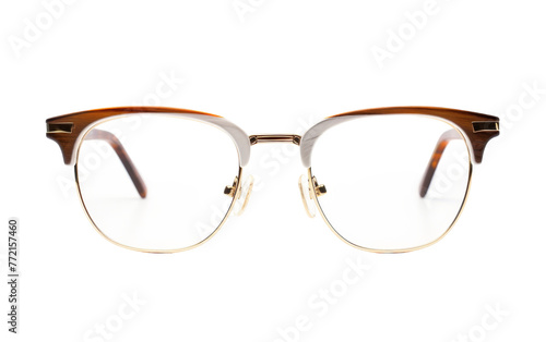 A pair of stylish glasses rests on a crisp white background