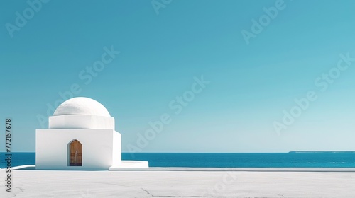 A white building with a door on the side of it, AI