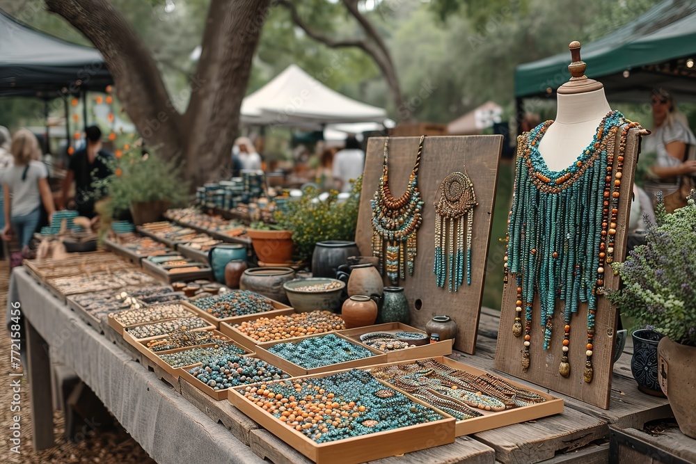 Farmers' Market Crafts Craft stalls at a farmers' market offering handmade jewelry, pottery, and artwork - obrazy, fototapety, plakaty 