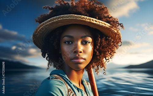 Young African American woman with afro hair is lying and relaxing on sup serfing board with sunshine in the blue sea photo