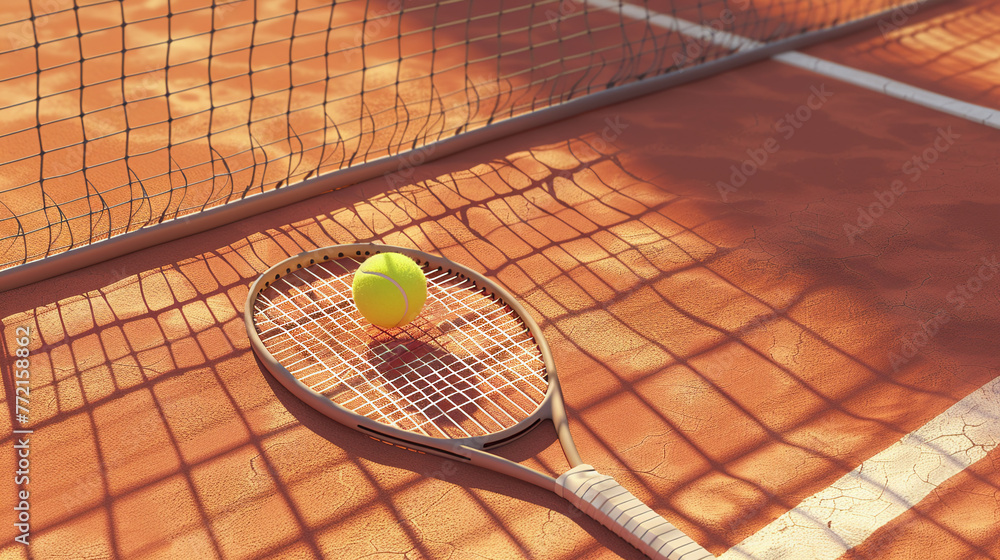 Tennis Ball and Racket on Clay Court
