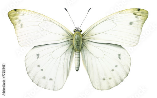A delicate white butterfly alights on a pristine white background