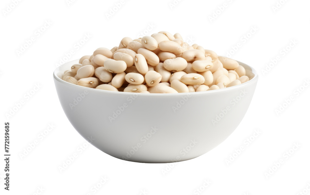 A white bowl brimming with beans rests atop a pristine white table A white bowl brimming with beans rests atop a pristine white table