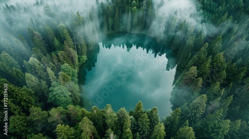 A view of a forest with trees and water in the middle, AI