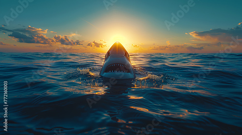 Great white shark and sunset sunshine