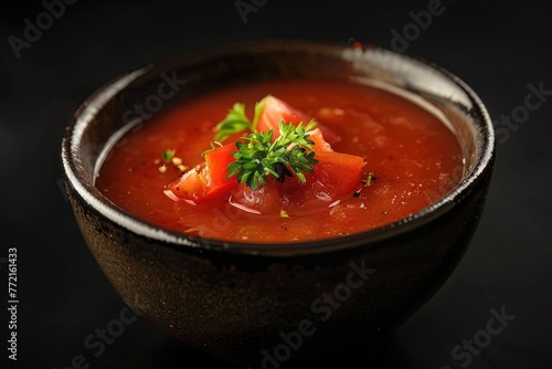 Perfect bowel of gazpacho soup in a black cup.