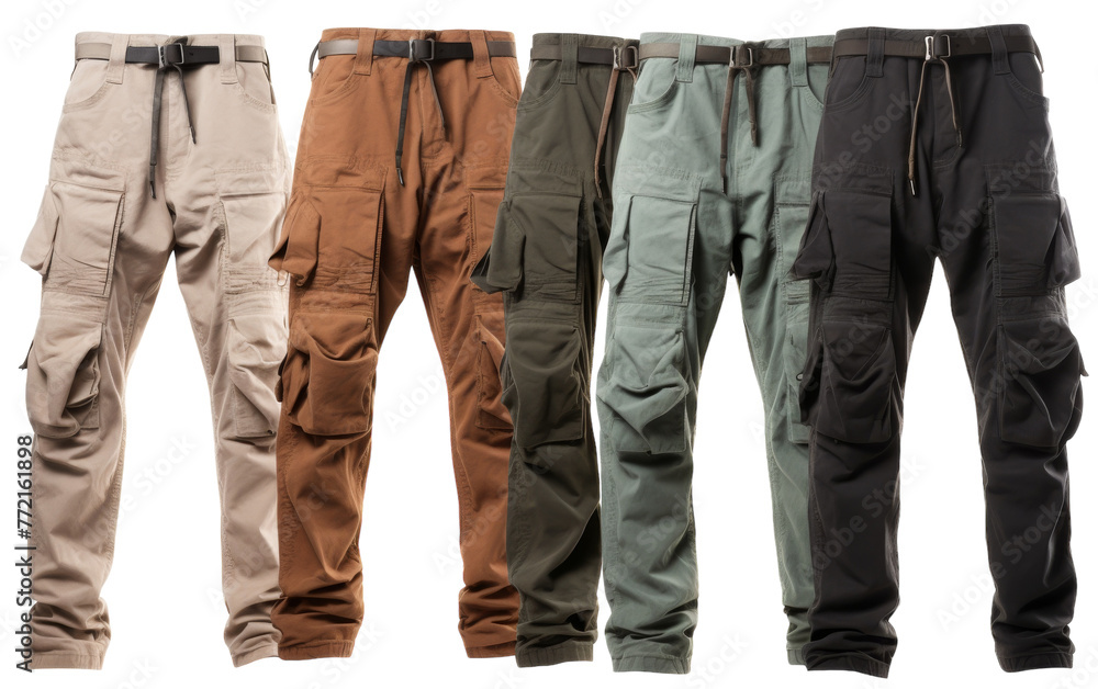 A vibrant lineup of various colored cargo pants on a white background