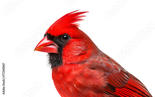 A vibrant red and black bird stands out against a stark white background