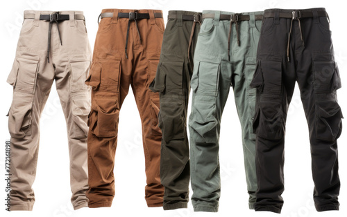 A vibrant lineup of various colored cargo pants on a white background