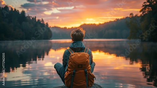 A person sitting on a log with backpack looking at the water, AI photo