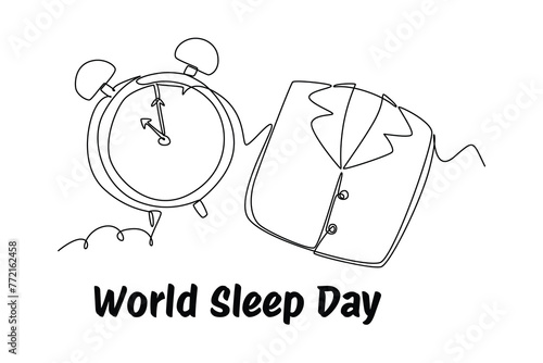 Single continuous line drawing pajama clothes and alarm. Banner for world sleep day minimalist concept. Simple line, continuous line.