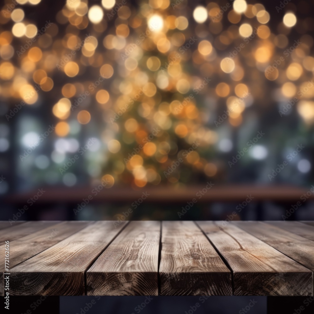 Empty wooden table top with blur background of blurred Christmas tree. Exuberant image Empty wooden table top with blur background of blurred Christmas tree. Exuberant image