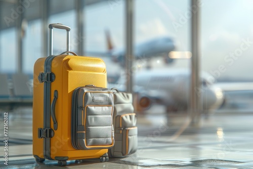 Modern Travel Concept: Luggage Waiting by Airport Window