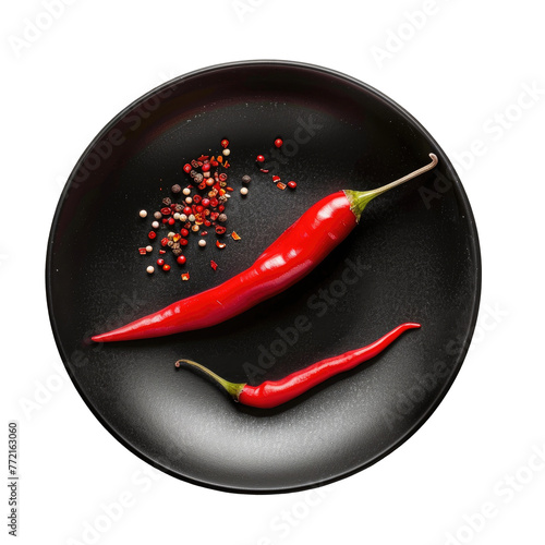 Two red chile de rbol peppers and peppercorns on a transparent background photo
