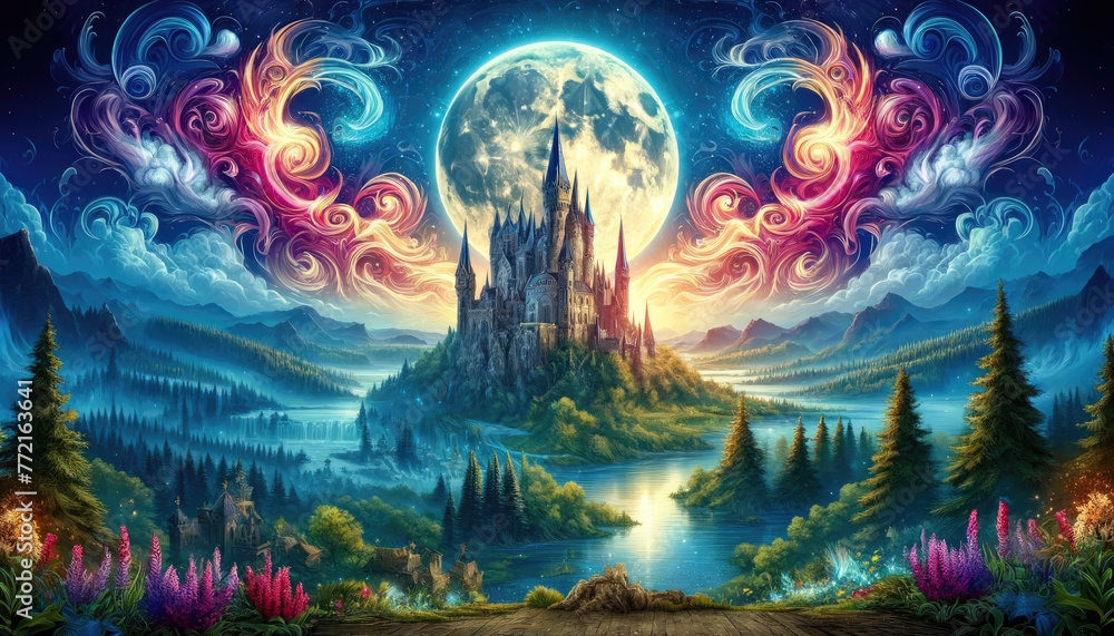 A colorful painting of a castle and a large moon in the sky. The castle is surrounded by a lush green forest and a river. The sky is filled with stars and the moon is shining brightly A colorful painting of a castle and a large moon in the sky. The castle is surrounded by a lush green forest and a river. The sky is filled with stars and the moon is shining brightly