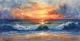 Sunset Surfing A Painting of a Beautiful Ocean Wave Crashing at Sunset Generative AI
