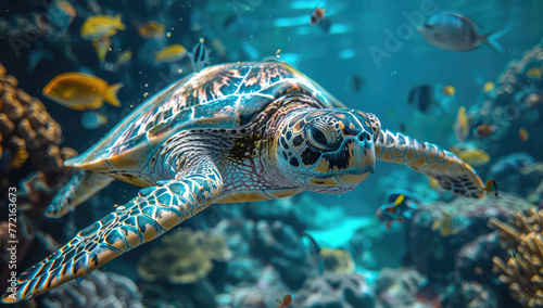 A sea turtle gracefully glides through the crystal clear waters  surrounded by vibrant coral reefs. Created with Ai