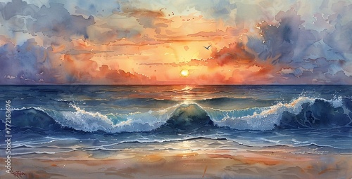 Sunset Surfing A Painting of a Beautiful Ocean Wave Crashing at Sunset Generative AI © Bipul Kumar