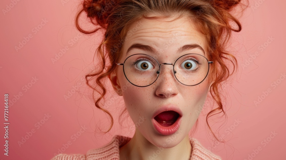 A woman with glasses and red hair making a surprised face, AI