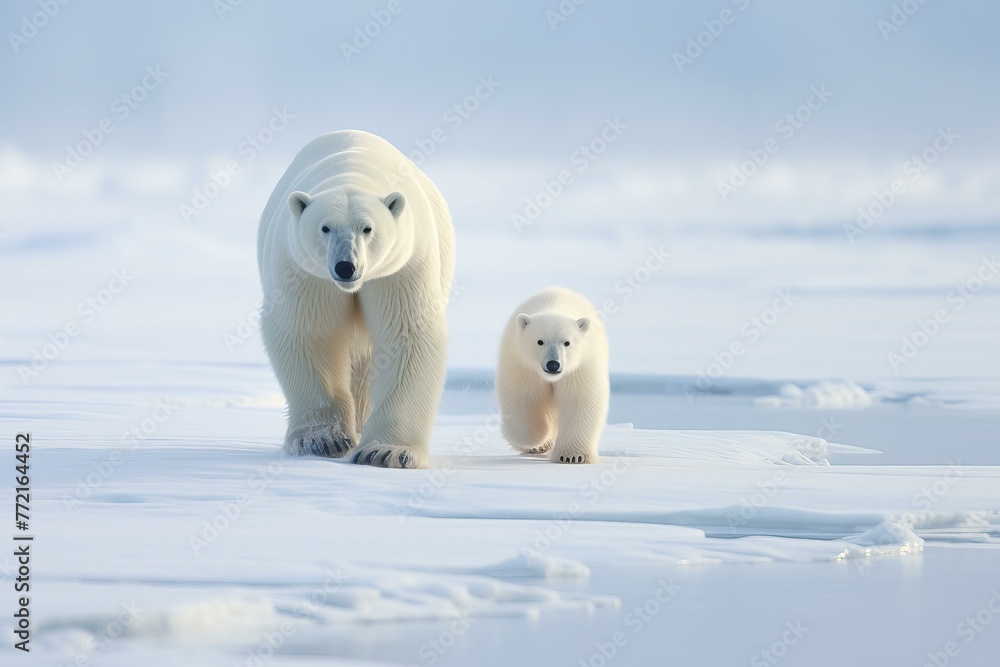 Lumbering Polar bears snow arctic walking. Frozen world frigid snowy creature. Generate Ai Lumbering Polar bears snow arctic walking. Frozen world frigid snowy creature. Generate Ai