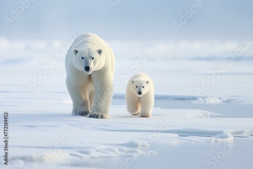 Lumbering Polar bears snow arctic walking. Frozen world frigid snowy creature. Generate Ai